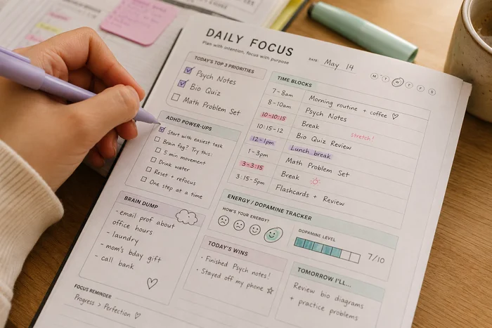 Close-up of an ADHD daily focus planner page being filled out with checked priorities, time blocks, brain dump and dopamine tracker