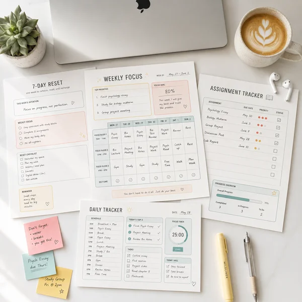 ADHD Study Planner printable pages spread on a student desk with coffee and laptop