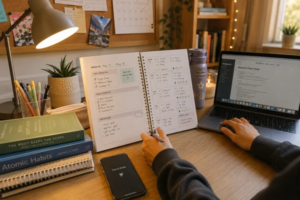 Organized student desk with the ADHD weekly planner open, showing top priorities, ADHD power-ups, time blocks and brain dump in use