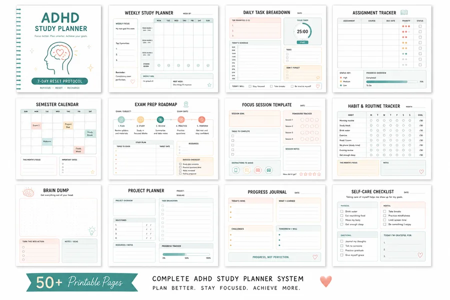 Overview of all printable ADHD study planner pages: 7-day reset, energy tracker, brain dump, morning routine, emergency catch-up protocol and study methods